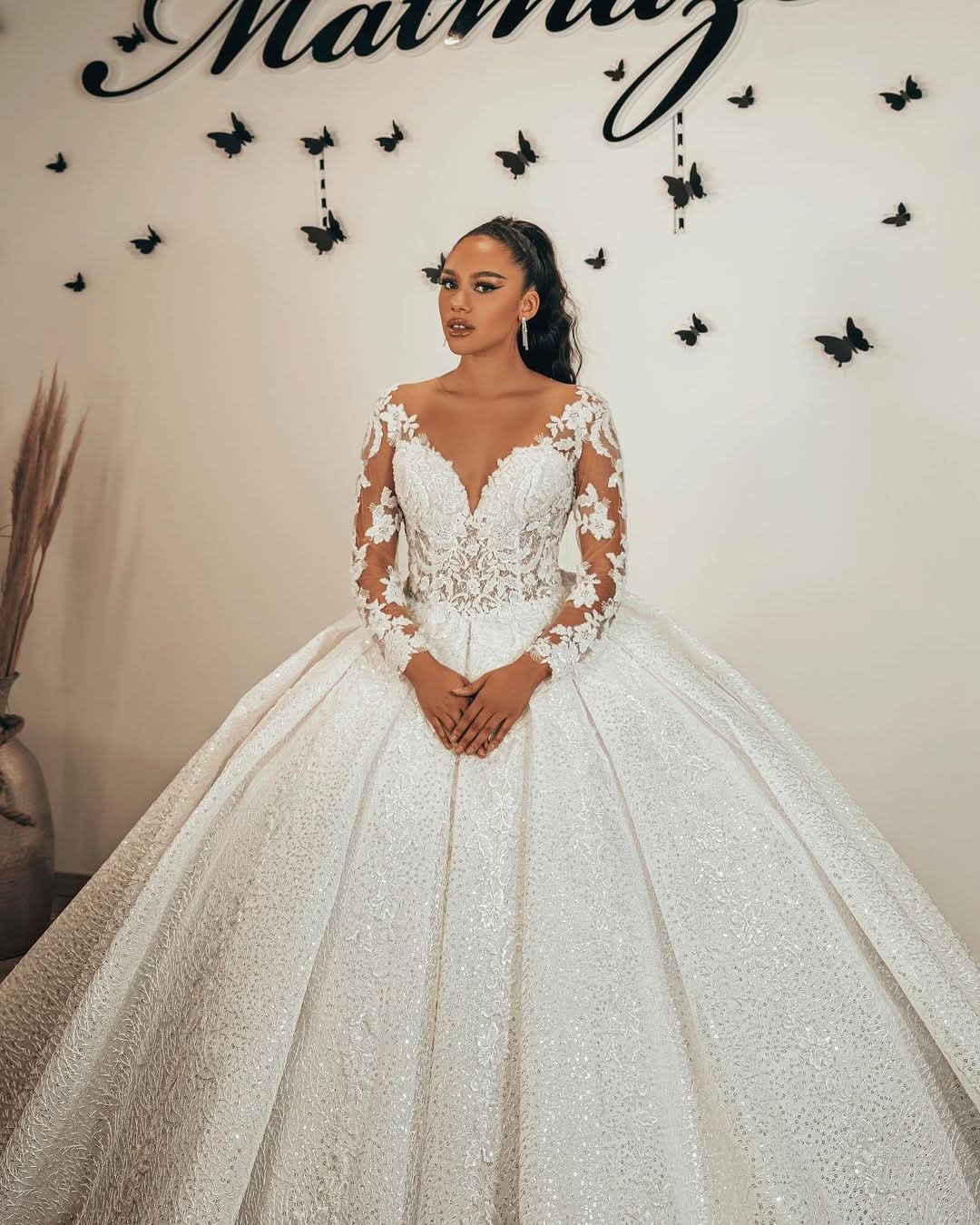 Ball Gown Sweetheart Long Sleeve Wedding Dress with Ruffles, Lace Appliques, and Sequins BM bride