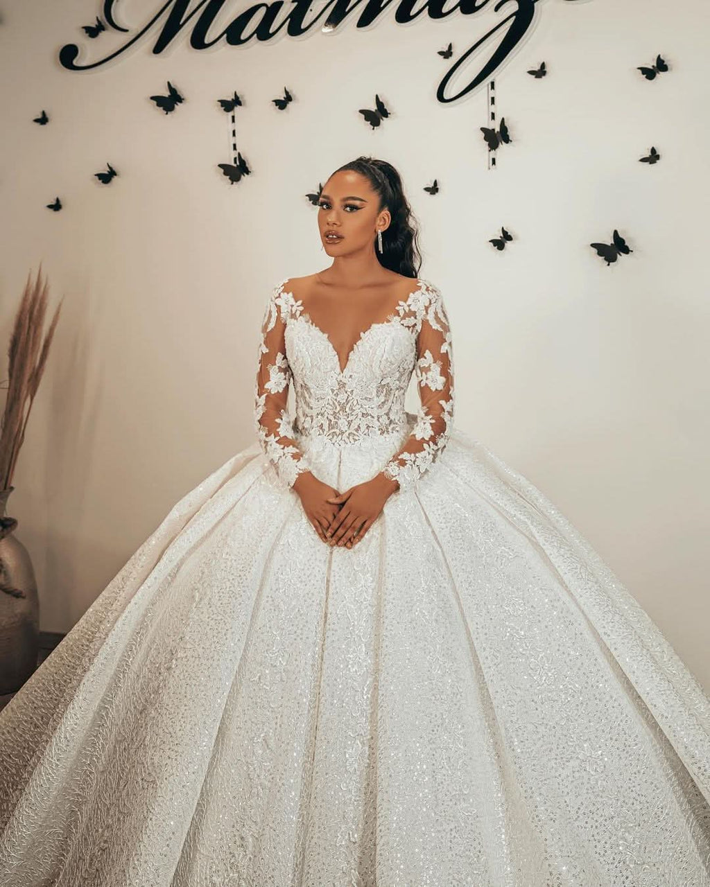 Ball Gown Sweetheart Long Sleeve Wedding Dress with Ruffles, Lace Appliques, and Sequins BM bride
