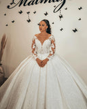 Ball Gown Sweetheart Long Sleeve Wedding Dress with Ruffles, Lace Appliques, and Sequins BM bride