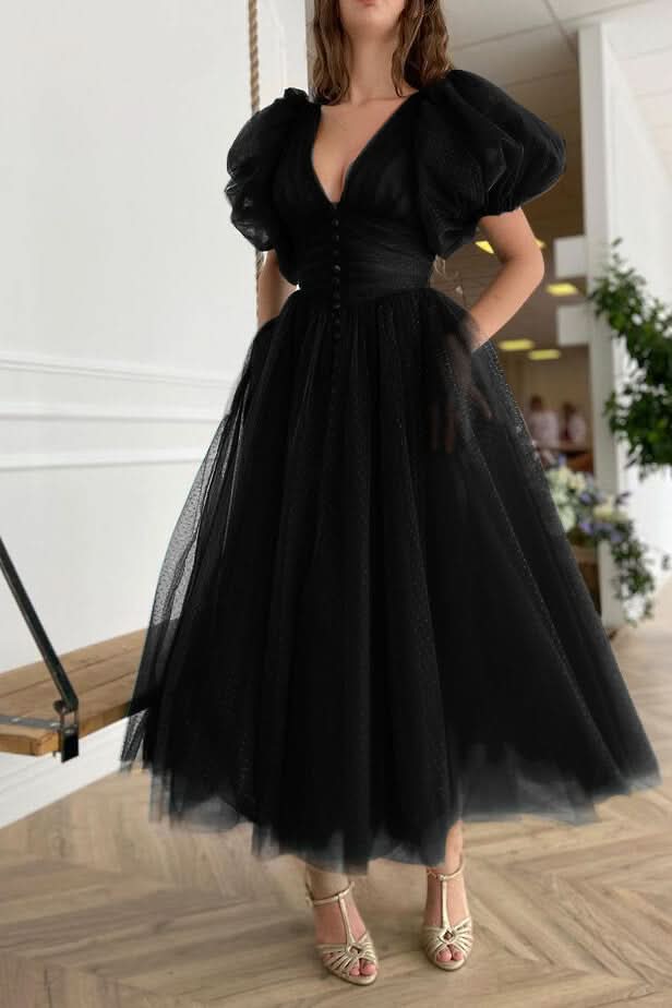 Dark Green V-Neck Short Sleeve A-Line Evening Dress On Sale BM bride