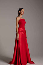 Red Strapless Sleeveless Long Mermaid Prom Dress With Pleated