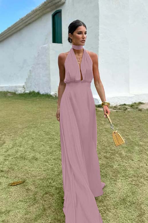 Charming Sleeveless Halter V Neck Long Prom Dress With Pleated BMBRIDE
