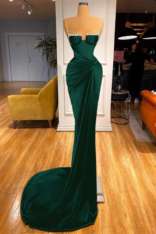 Mermaid Dark Green Spaghetti Strap Sleeveless Long Prom Dress With Beadings BMBRIDE