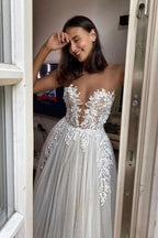 Sheer A-line Wedding Dress Floor Length With Tulle Appliques BM bride