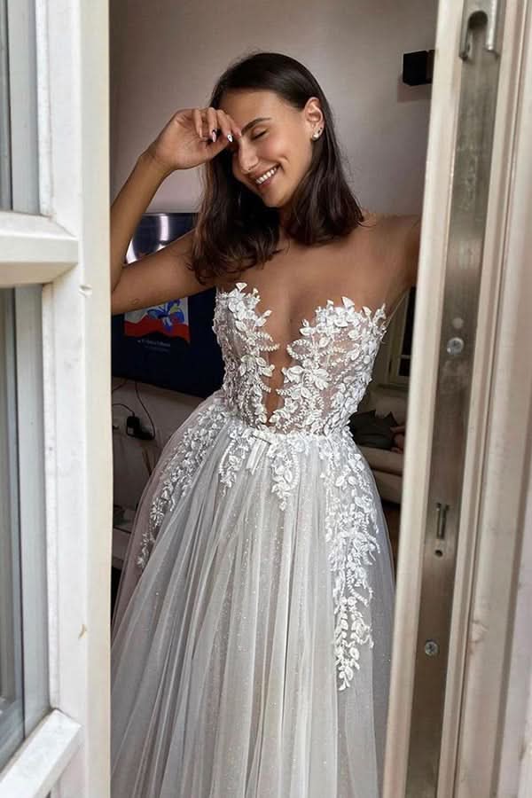 Sheer A-line Wedding Dress Floor Length With Tulle Appliques BM bride