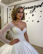 Sweetheart Pearl Floor-Length Ruffle Ball Gown Wedding Dress with Long Sleeves BM bride