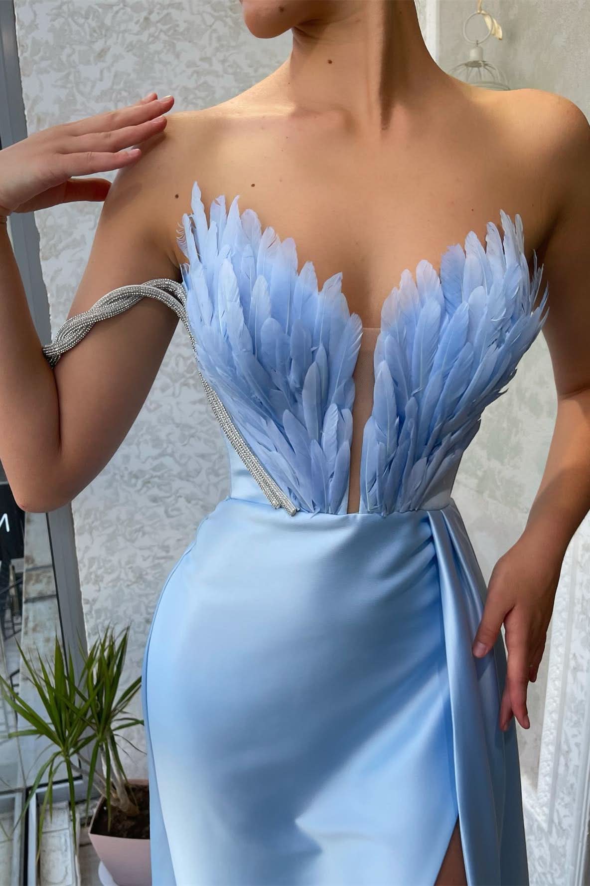 Baby Blue Off-The-Shoulder V-Neck Mermaid Prom Dress with Feathers BM bride