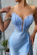 Baby Blue Strapless Mermaid Split Prom Dress With Feathers One Shoulder