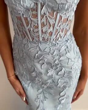 Baby Blue Prom Dress Ball Gown with Mermaid Appliques BM bride