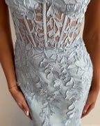 Baby Blue Prom Dress Ball Gown with Mermaid Appliques BM bride