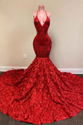 Spaghetti Strap Halter Sleeveless V Neck Mermaid Red Prom Dress Sequins