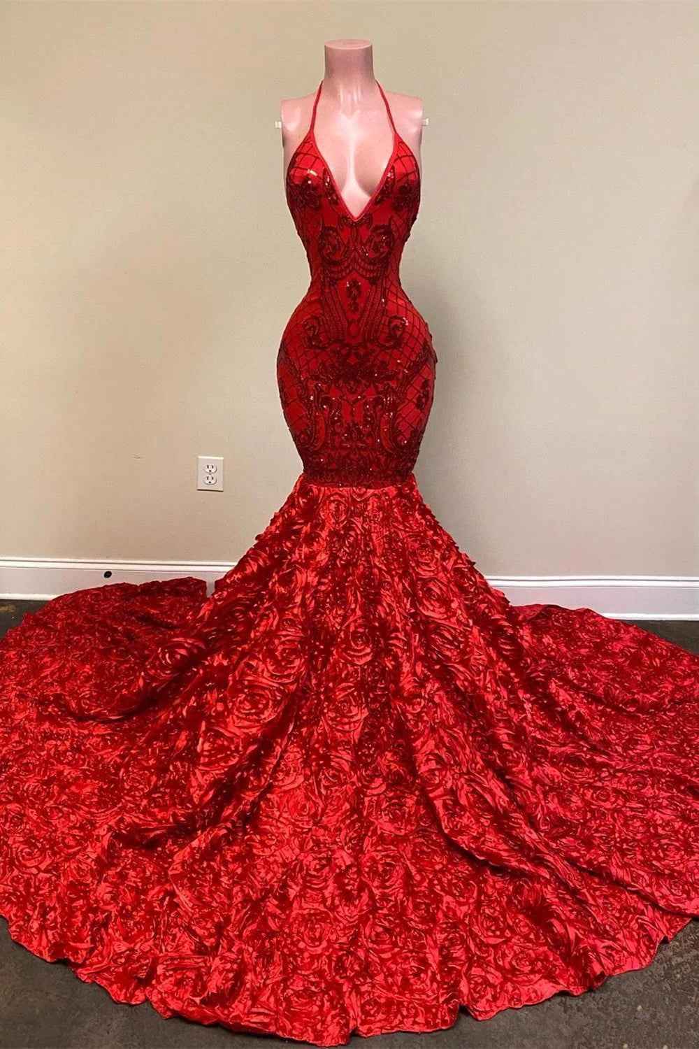 Spaghetti Strap Halter Sleeveless V Neck Mermaid Red Prom Dress Sequins