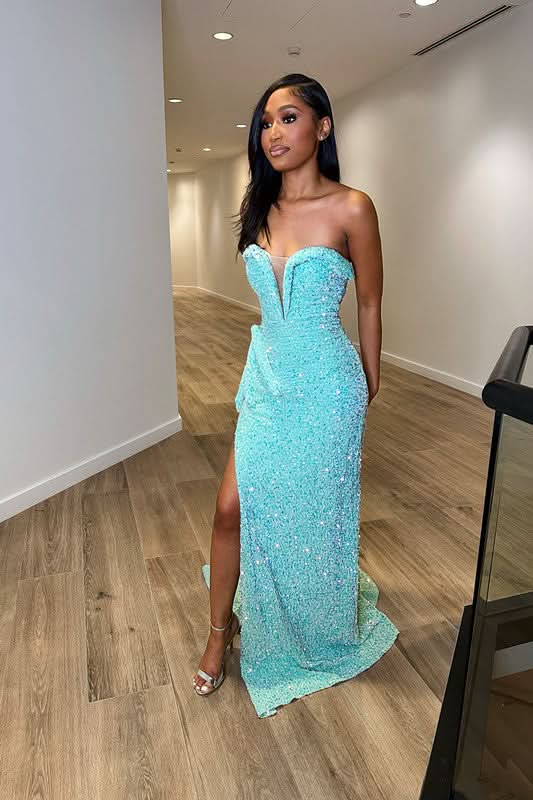 Baby Blue Sequins Evening Dress Sleeveless Taping V Neck with Slit BM bride
