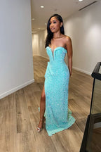 Baby Blue Sequins Evening Dress Sleeveless Taping V Neck with Slit BM bride