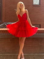 Deep V Neck Tiered A-Line Short Homecoming Dress BM bride