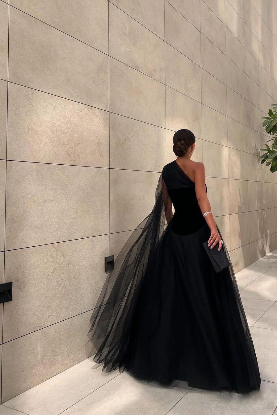 Chic Black Tulle One Shoulder Sleeveless Ball Gown Long Prom Dress BMBRIDE