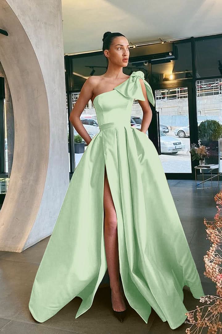 Yellow One-Shoulder Prom Dress Split with Pockets BM bride