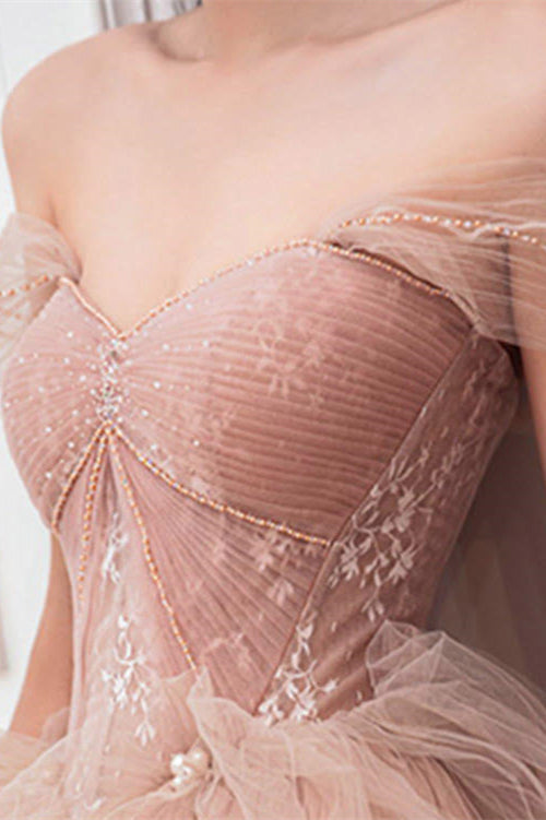 Pink Off the Shoulder Sleeveless Long Prom Dress Sweetheart With Pearls