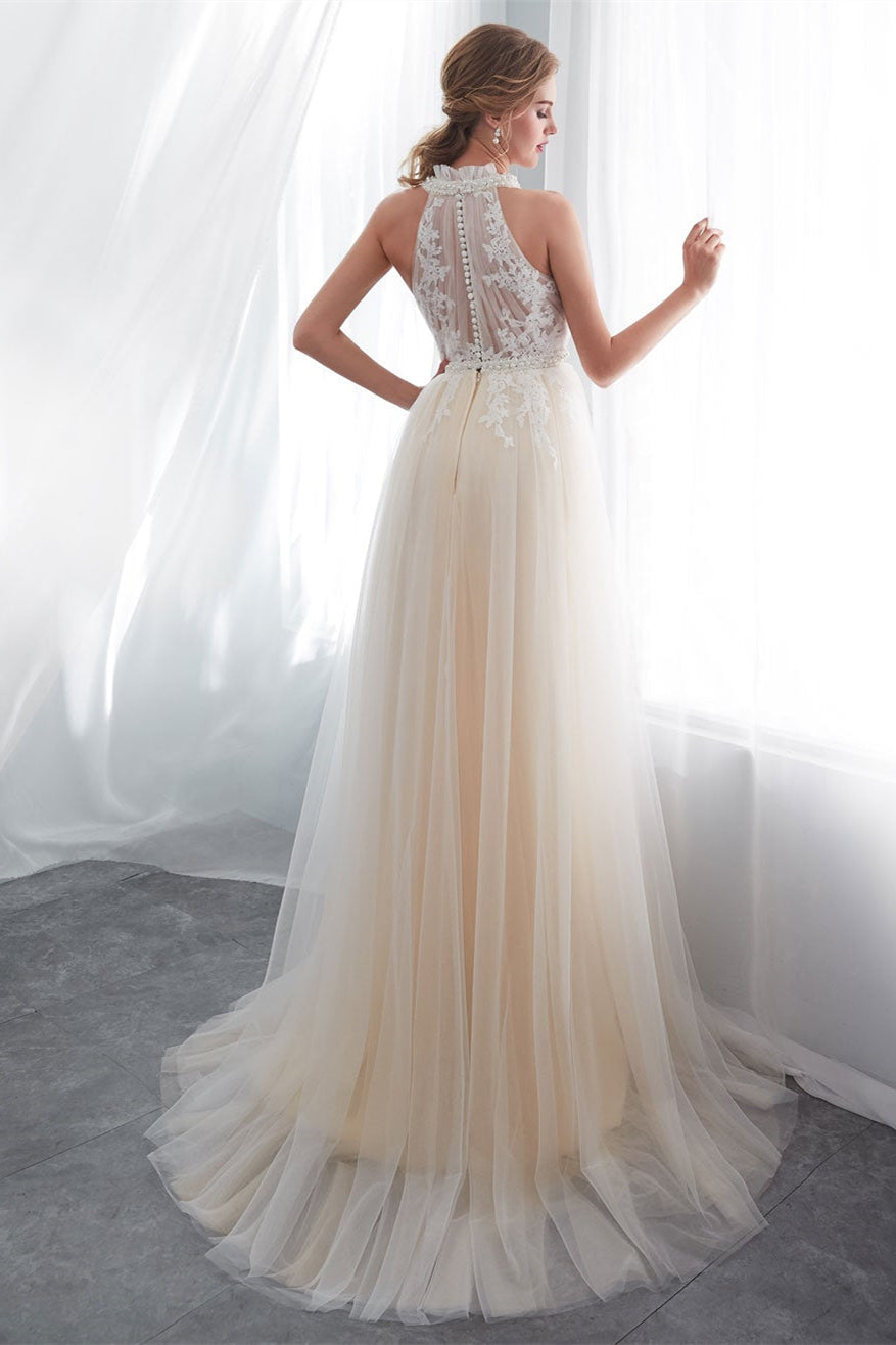 High Neck Tulle Wedding Dress with Appliques BM bride