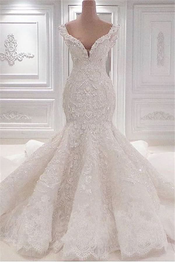 V-Neck Ruffle Floor-Length Mermaid Wedding Dress with Lace Appliques BM bride