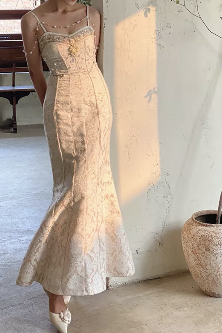 Sweetheart Spaghetti Strap Embroidery Champagne Pearl Mermaid Prom Dress