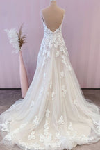 Stunning Spaghetti Strap A-Line Floor-Length Tulle Wedding Dress with Lace Appliques BM bride