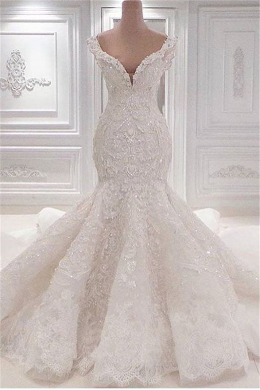 Luxurious Off-the-Shoulder Mermaid Wedding Dress with Lace Appliques BM bride