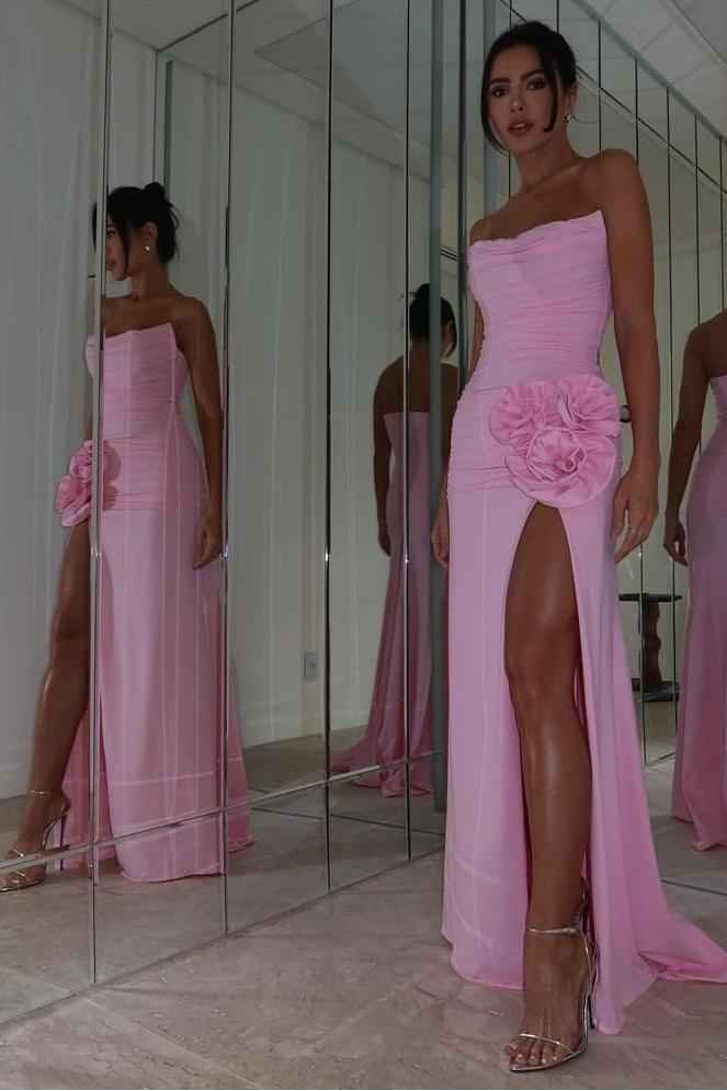 Strapless Sleeveless Long Prom Dress With High Split Pleaded
