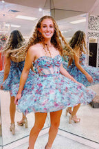 Pink Corset Sweetheart Flower A-Line Short Homecoming Dress with Ruffles Bmbride