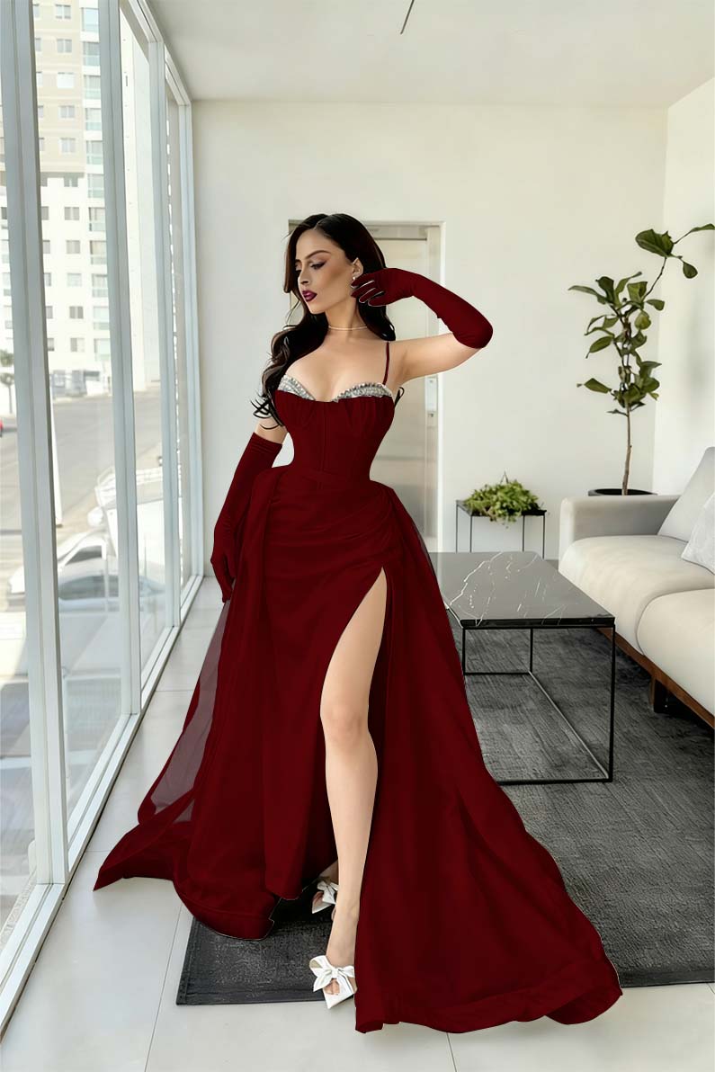 Spaghetti Strap Sleeveless Long Mermaid Prom Dress With Split Gloves BMBRIDE