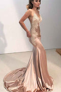 Mermaid Spaghetti Strap Sleeveless V Neck Prom Dress Backless With Appliques