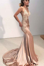 Mermaid Spaghetti Strap Sleeveless V Neck Prom Dress Backless With Appliques