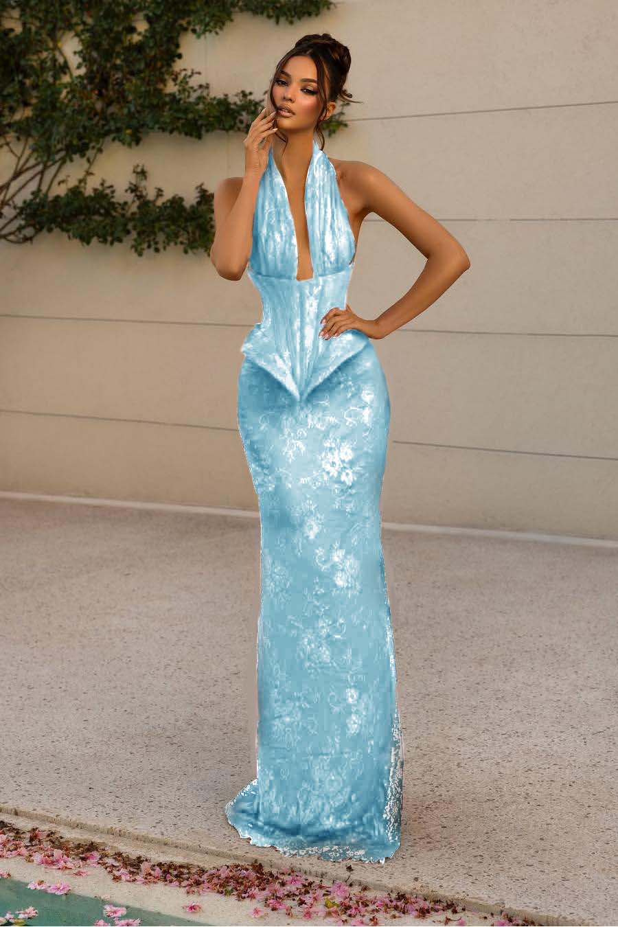 Halter Sleeveless Long Mermaid Prom Dress With Lace Appliques BMBRIDE