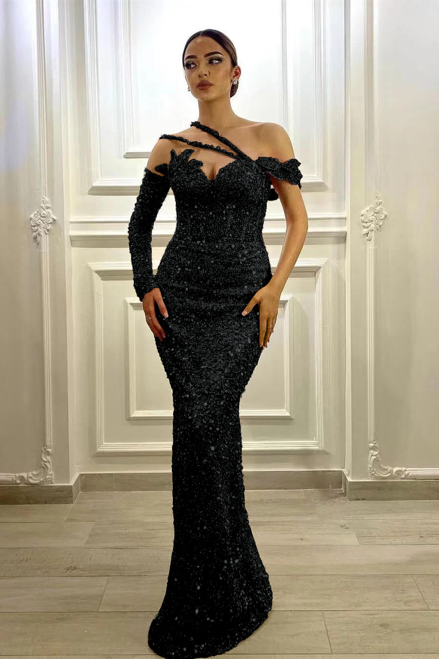 Gorgeous Long Sleeves One Shoulder Lavender Prom Dress Mermaid With Sequins