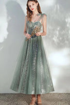 Elegant Sweetheart Strapped A-Line Sequined Prom Dress with Tulle BM bride