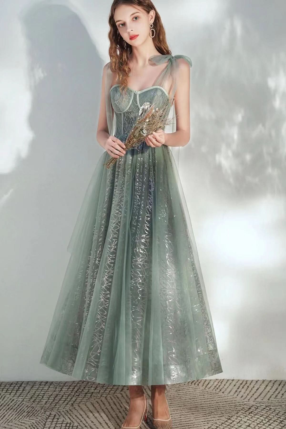 Elegant Sweetheart Strapped A-Line Sequined Prom Dress with Tulle BM bride