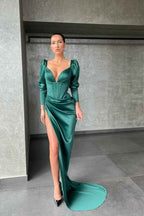 Chic V Neck Long Sleeves Pleated Long Mermaid Prom Dress With High Split