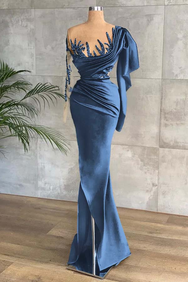 Green Long Sleeves Mermaid Side Split Prom Dress With Appliques BMBRIDE
