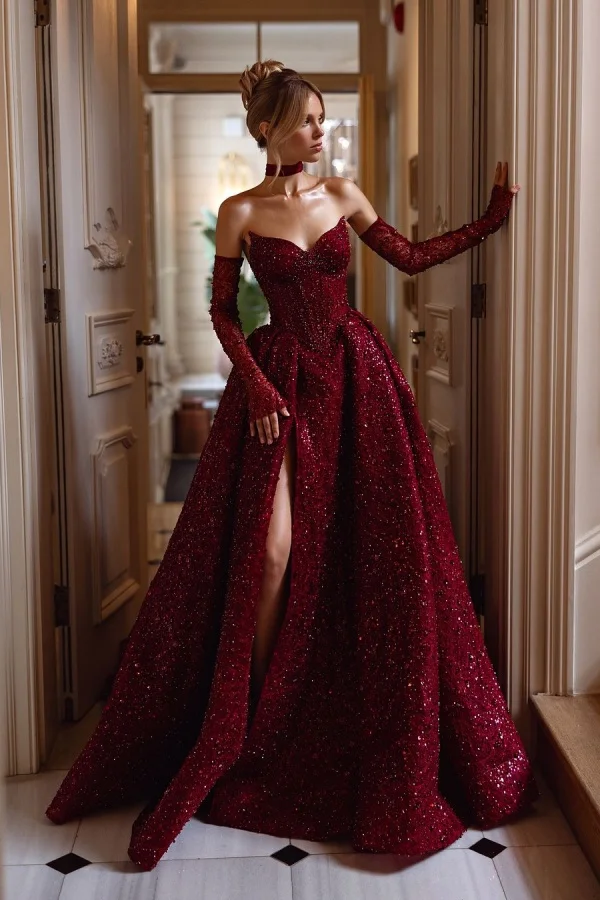 Strapless Sleeveless Long Split Prom Dress With Sequins Detachable sleeves