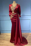 Burgundy Long Sleeve Mermaid Evening Dress with Bead Appliques and Ruffles BM bride