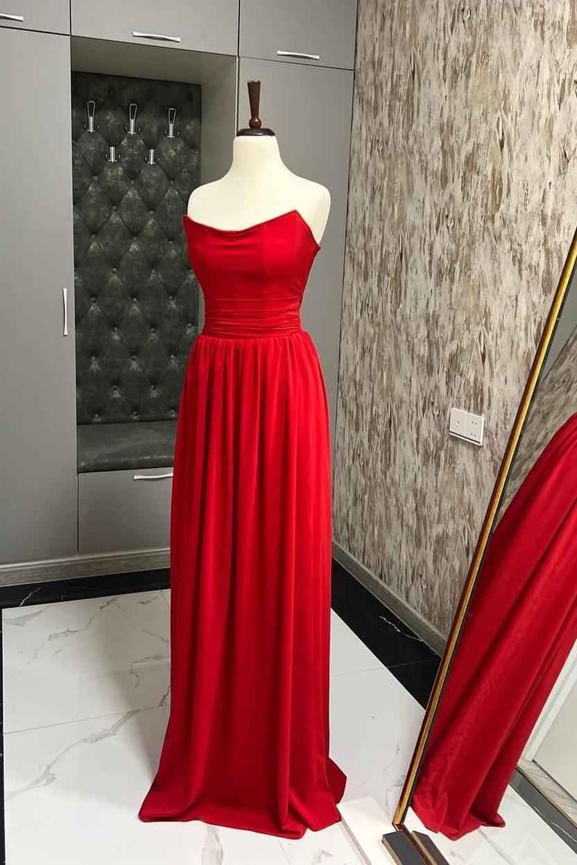 Stunning Red Sleeveless Strapless Long Prom Dress With Pleated