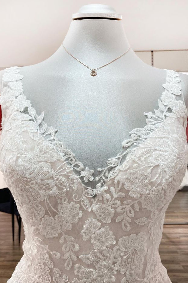 Simple V-Neck Long A-Line Tulle Lace Wedding Dress with Open Back and Appliques BM bride