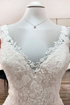 Simple V-Neck Long A-Line Tulle Lace Wedding Dress with Open Back and Appliques BM bride