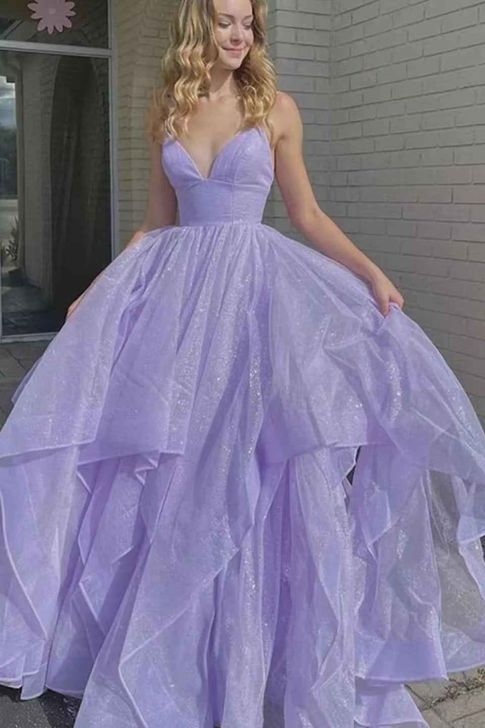 Lilac Spaghetti Strap V Neck Sleeveless A Line Long Prom Dress With Tulle