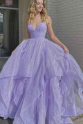 Lilac Spaghetti Strap V Neck Sleeveless A Line Long Prom Dress With Tulle