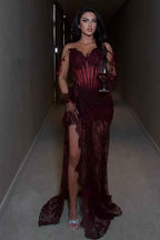Strapless Sleeveless Long Mermaid Prom Dress With Split Lace
