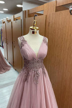Dusty Pink V-Neck Sleeveless Long Tulle Prom Dress with Appliques BM bride