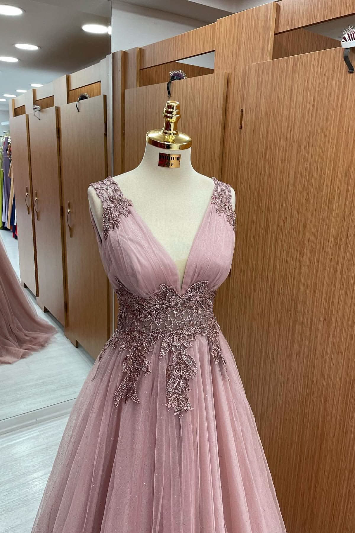 Dusty Pink V-Neck Sleeveless Long Tulle Prom Dress with Appliques BM bride