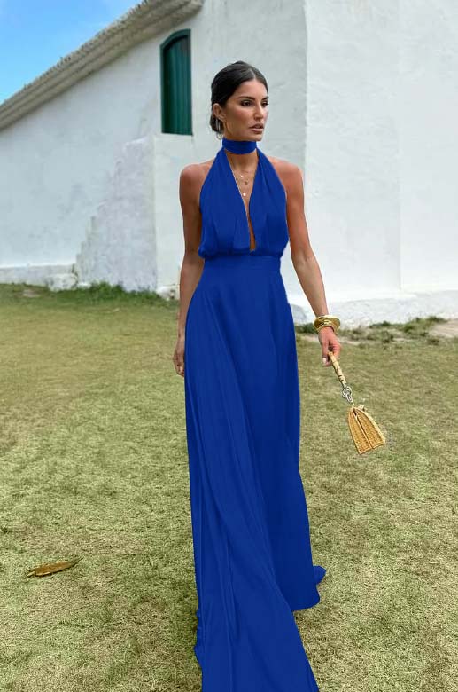 Charming Sleeveless Halter V Neck Long Prom Dress With Pleated BMBRIDE