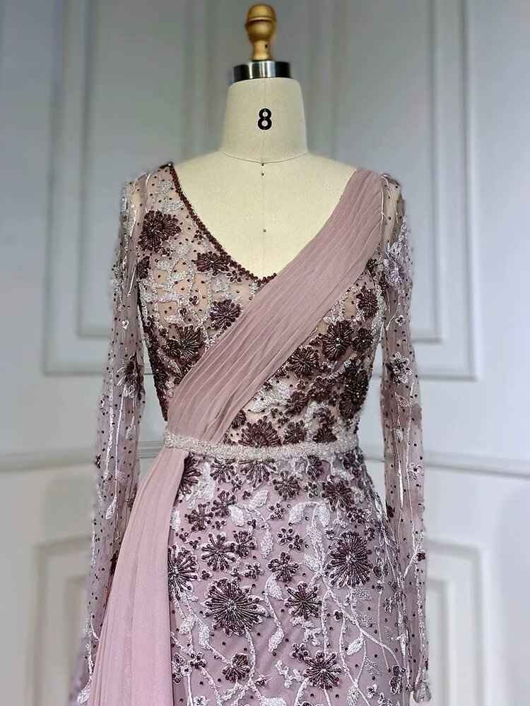 Exquisite V Neck Long Sleeves Appliques Bead Embroidery Prom Dress